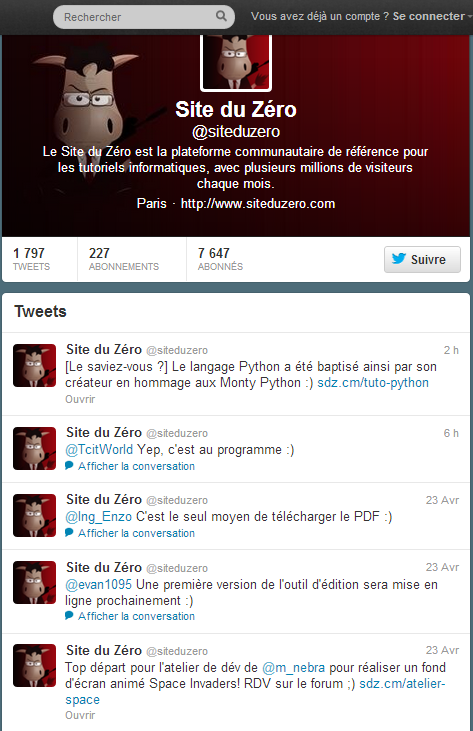 Page Twitter du Site du Zéro