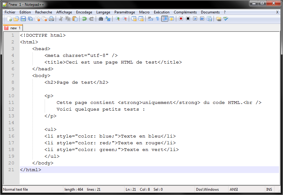 Notepad++ : création d'un nouveau fichier