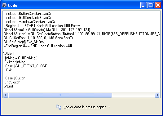 Fenêtre du Code