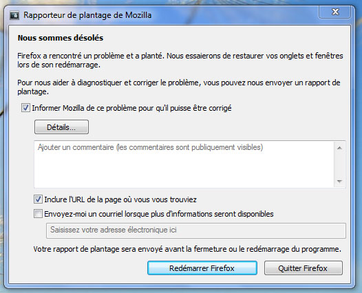 Firefox a rencontré un problème et a planté