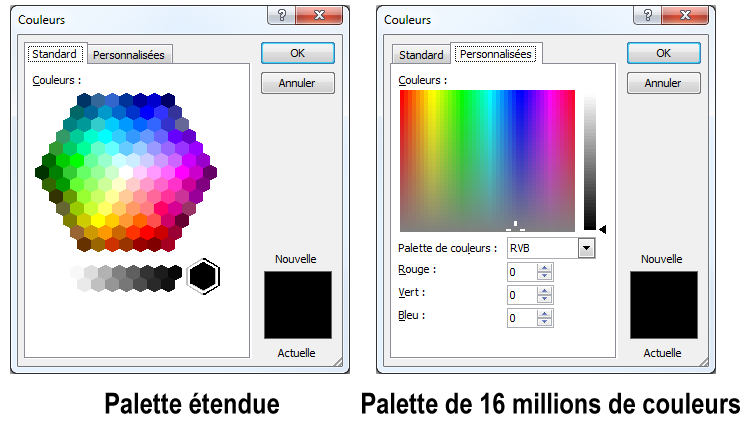 La boîte de dialogue Couleurs et son large panel de couleurs