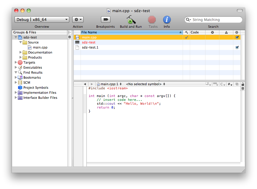 Fenêtre principale de Xcode