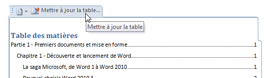 La table des matières va être mise à jour