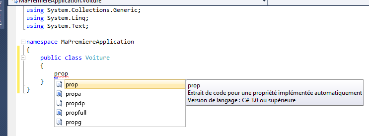 L'extrait de code pour créer une propriété auto-implémentée