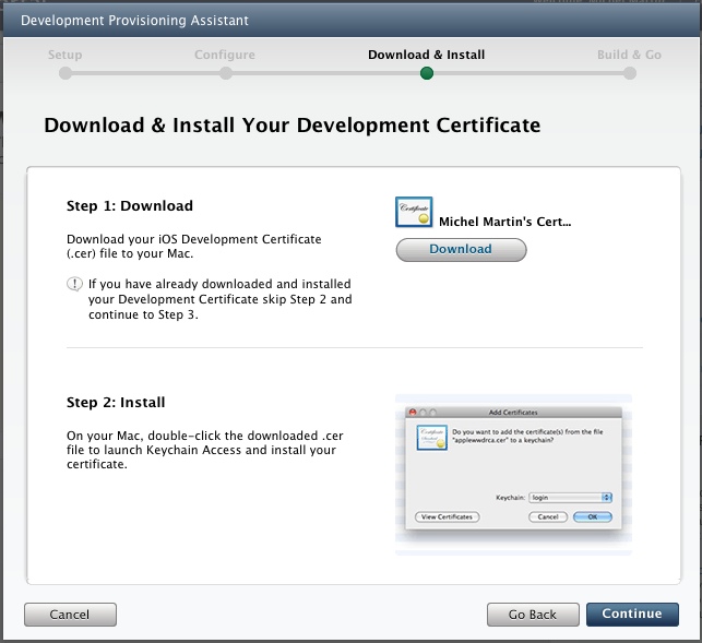 Vous êtes invités à télécharger le certificat de développement iOS sur le Mac