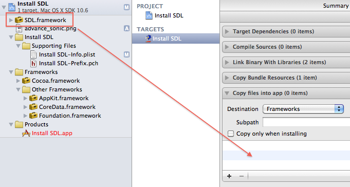 Glissez vos frameworks dans le Build phase