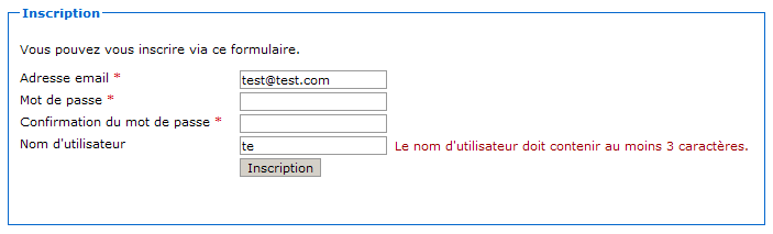 Erreur de validation du formulaire avec affichage des données saisies