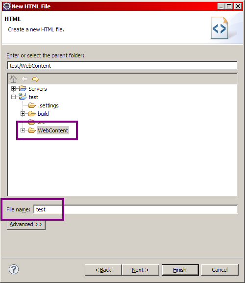Saisie du dossier parent et du nom de la page HTML