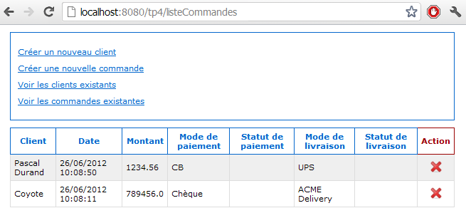 Liste des commandes lorsque deux commandes ont été créées au cours de la session