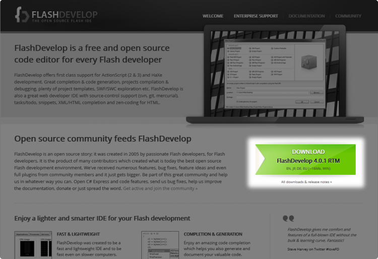 Téléchargement de FlashDevelop
