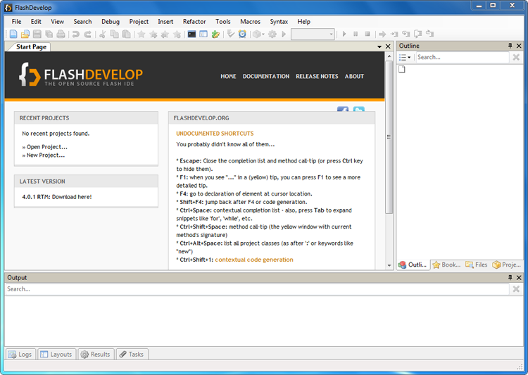 Page de démarrage de FlashDevelop