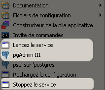Menu « Démarrer » avec PostgreSQL