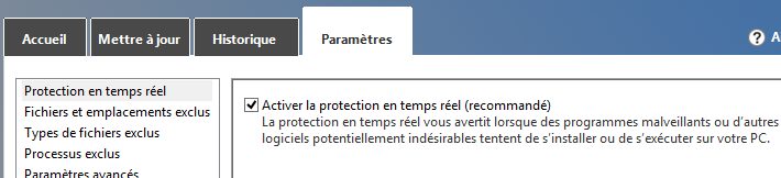 Activer Defender dans les paramètres