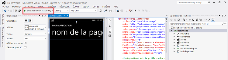 L'interface de Visual Studio, ainsi que la liste déroulante permettant de choisir l'émulateur