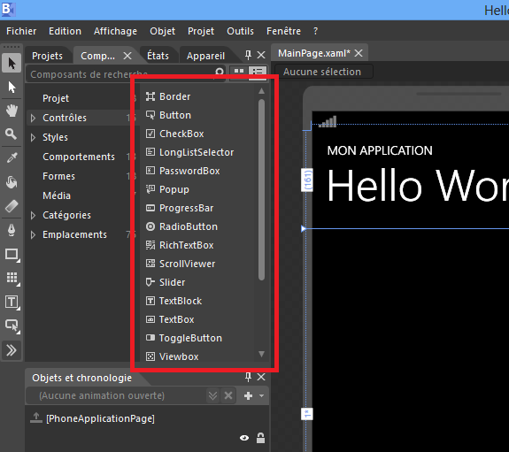 Barre d'outils des contrôles dans Blend