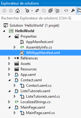 Le fichier WMAppManifest.xml dans l'explorateur de solutions