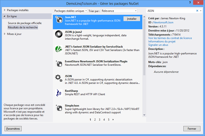 Installation de Json.NET via NuGet