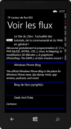La liste de tous les flux du lecteur de flux RSS