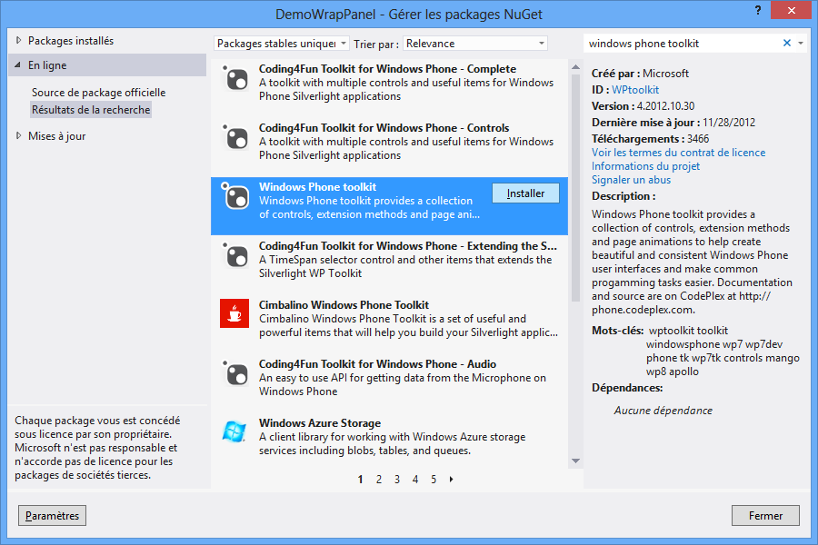 Utilisation de NuGet pour télécharger le Windows Phone Toolkit