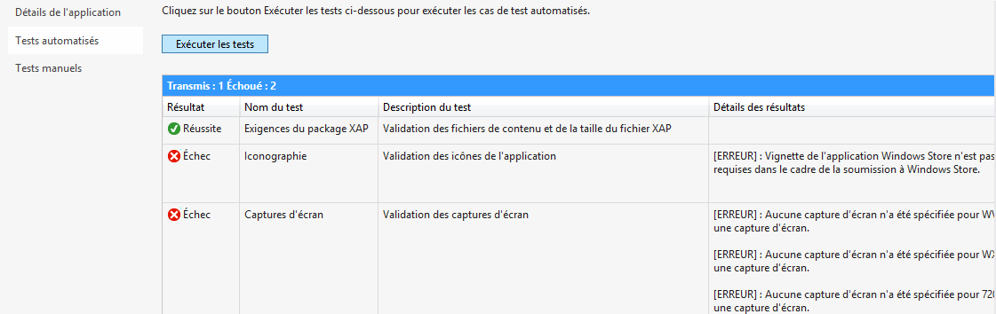 Succès ou échecs des tests automatisés