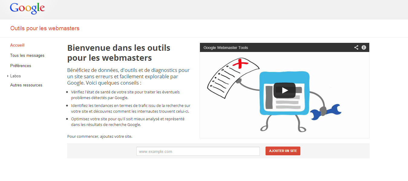 La page d'accueil des outils pour les webmasters