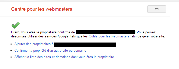 Message de confirmation d'accès aux outils pour webmasters