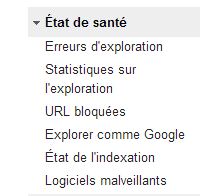 Menu État de santé des outils pour les webmasters