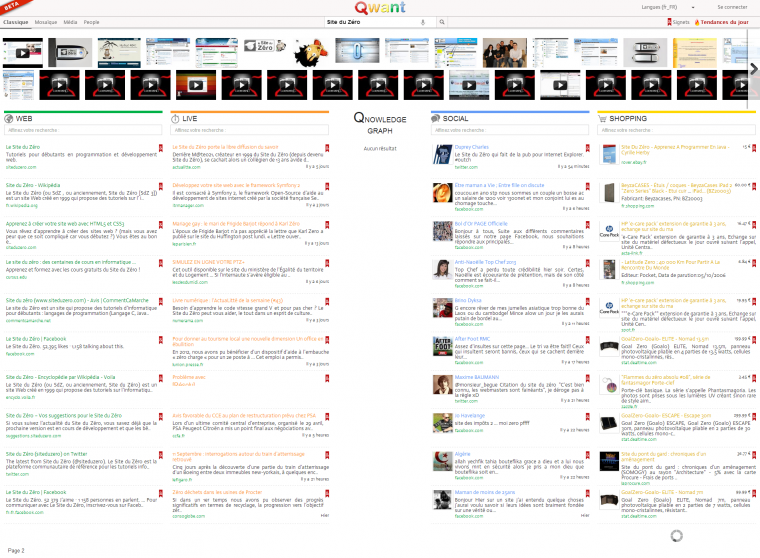 La SERP de Qwant (la recherche est « Site du Zéro »)