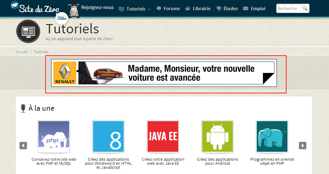 La page d'accueil du Site du Zéro avec une publicité présente dans les 600 premiers pixels encadrée en rouge