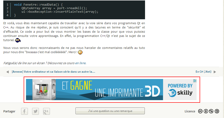 Une publicité disposée en fin de contenu sur le Site du Zéro