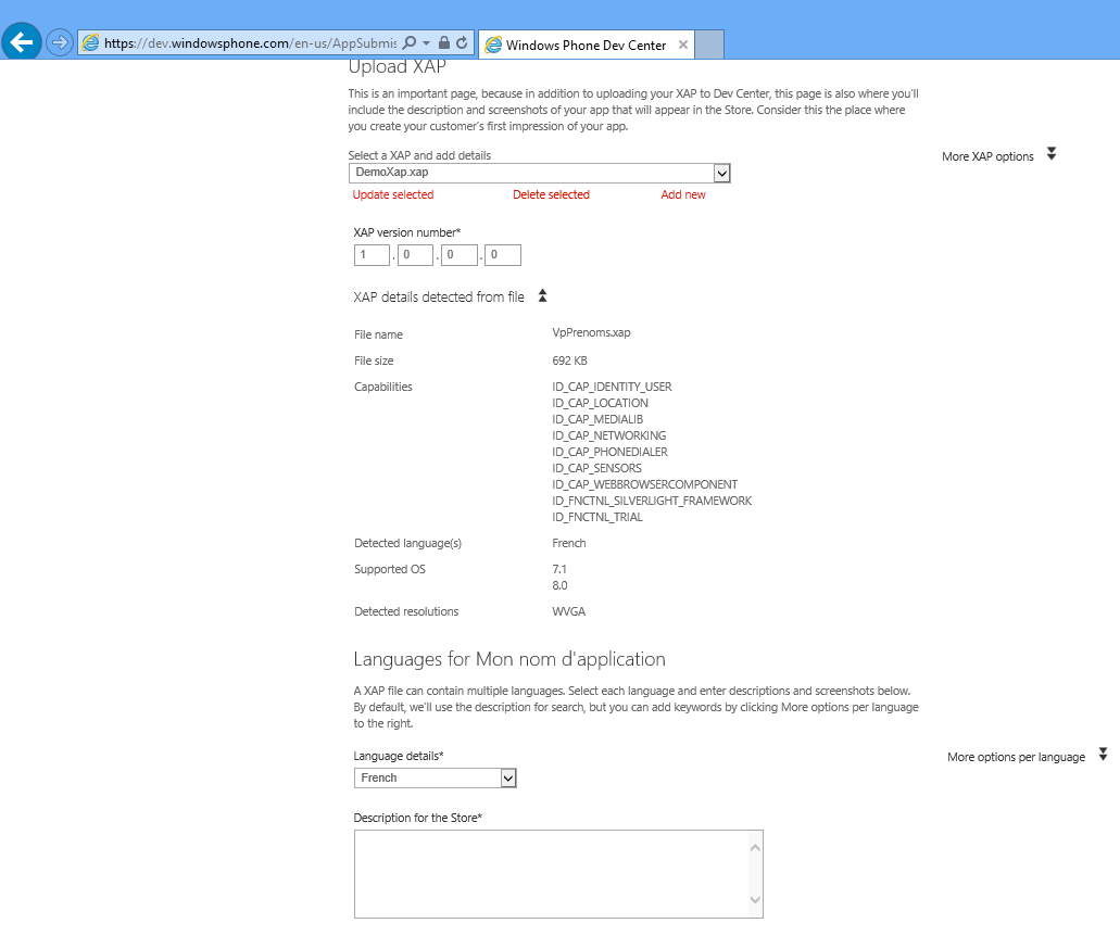 Description de l'application, y compris la liste de ses capacités