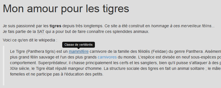 Des infos-bulles dans la page d'exemple