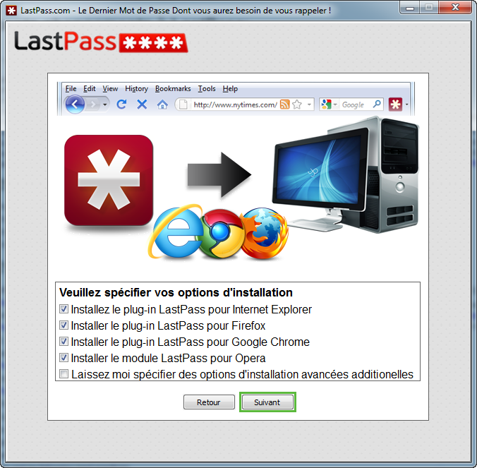 Sélectionnez les navigateurs sur lesquels vous voulez installer Lastpass