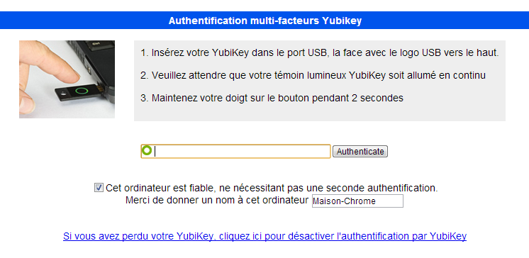 La fenêtre qui demande d'insérer la Yubikey pour se connecter à Lastpass