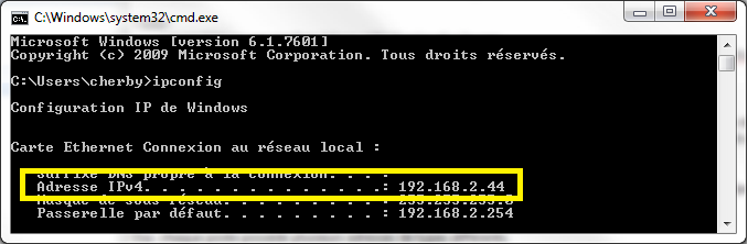 Adresse IP dans un terminal sous Windows