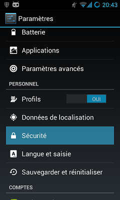 Le menu ressemble à ça sous Android Jelly Bean