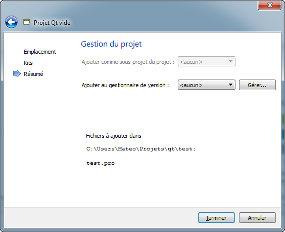Nouveau projet (choix d'un gestionnaire de version)