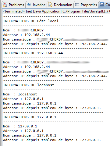 Informations récupérées avec l'objet InetAddress