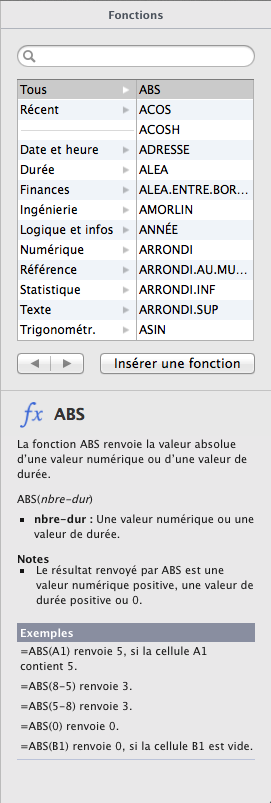 Liste des fonctions disponibles