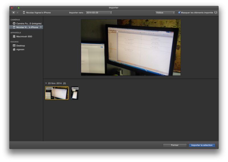 Fenêtre d'importation dans iMovie depuis une caméra