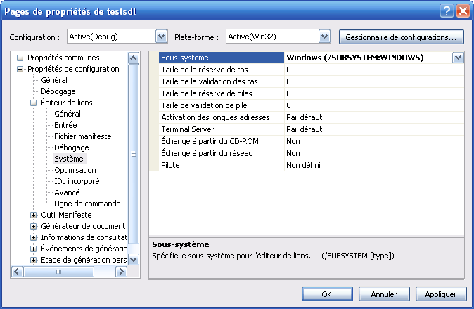 Configuration de Visual pour la SDL