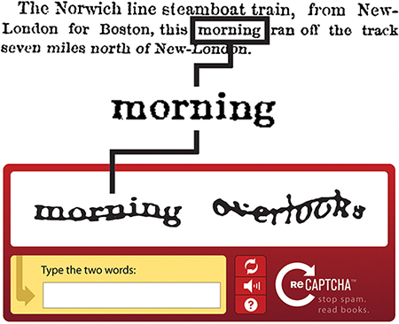Luis von Ahn, entrepreneur et chercheur, a crée un système de CAPTCHA qui à la fois permet aux site de valider que les inscriptions sont bien effectuées par des humains et en même temps, aidait un algorithme à la digitalisation de livres