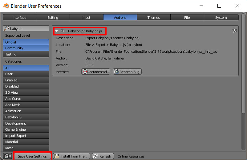 La fenetre Add-ons de Blender