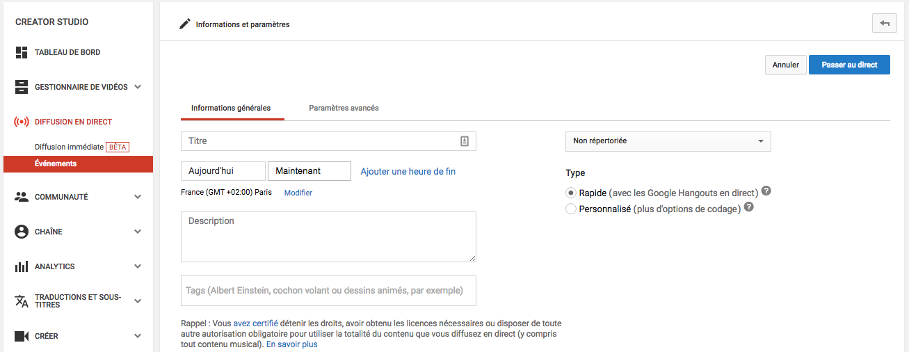 Création d'un Youtube en direct