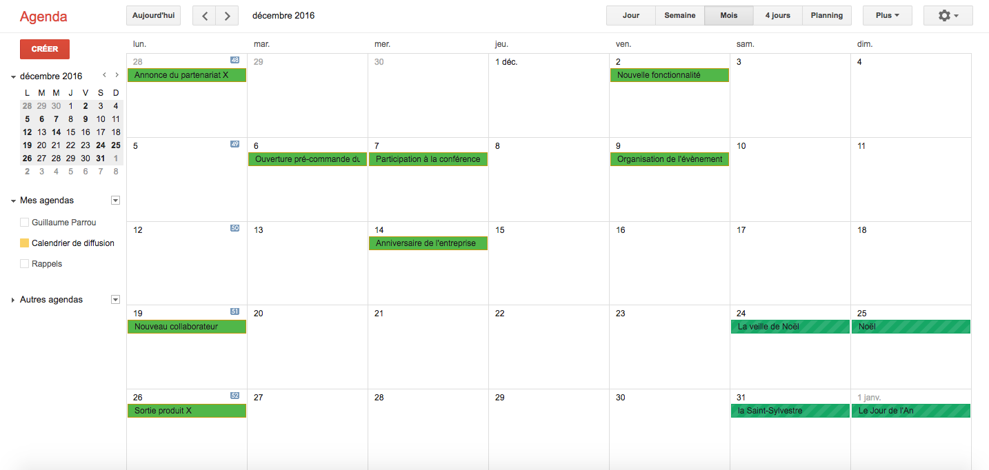 Calendrier de diffusion avec trame