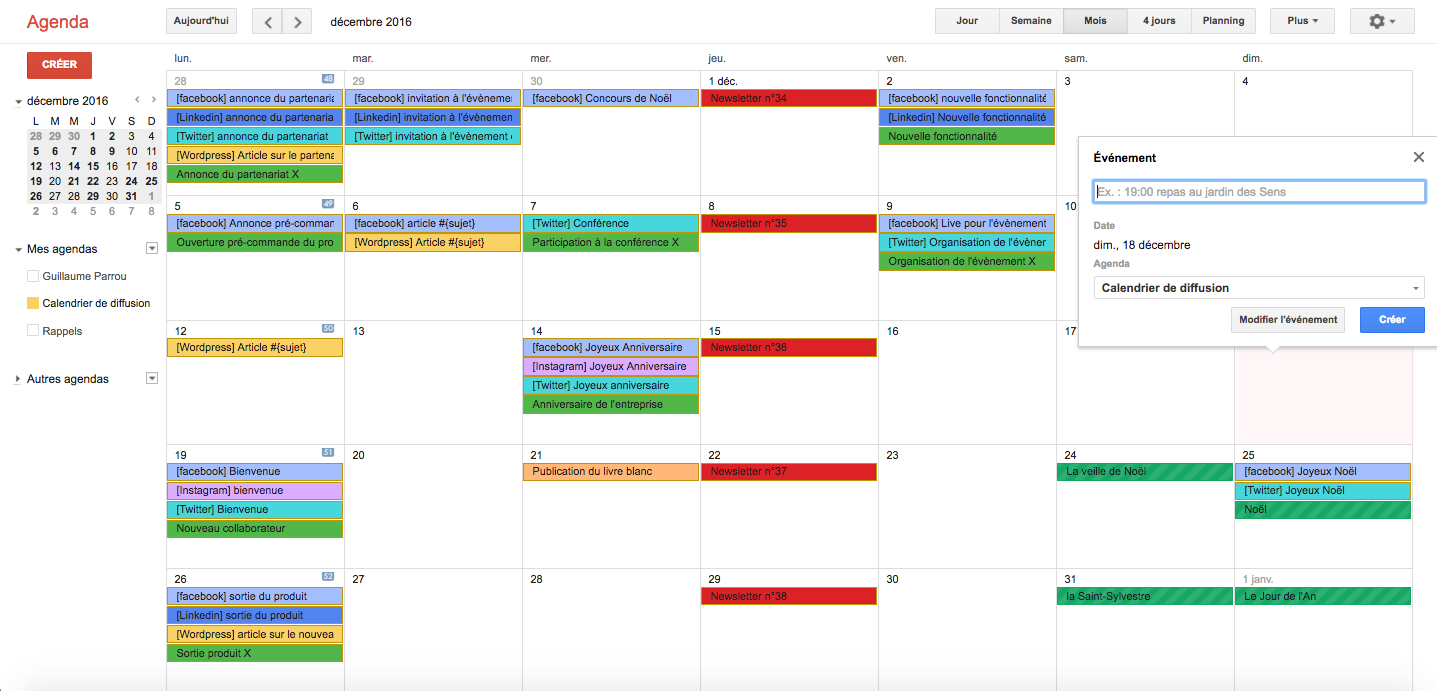 Calendrier de diffusion en train d'être renseigné