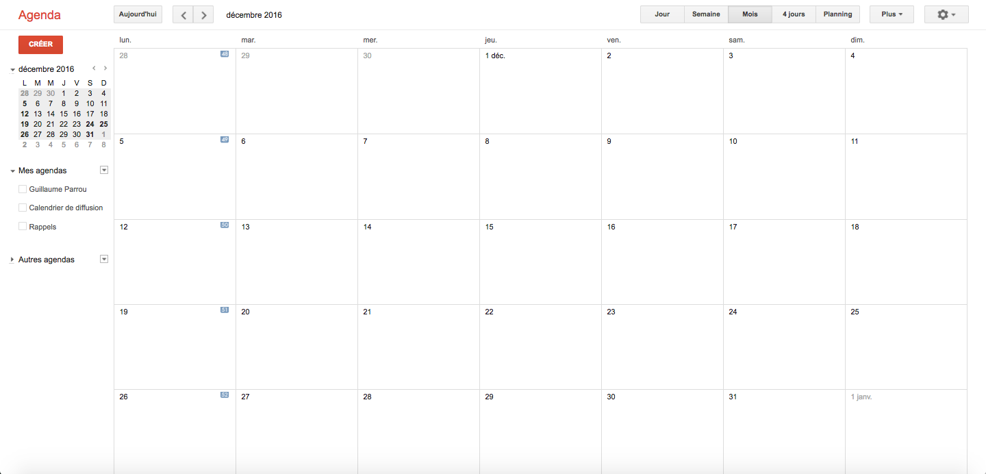 Un calendrier de diffusion vide (Google Calendar)