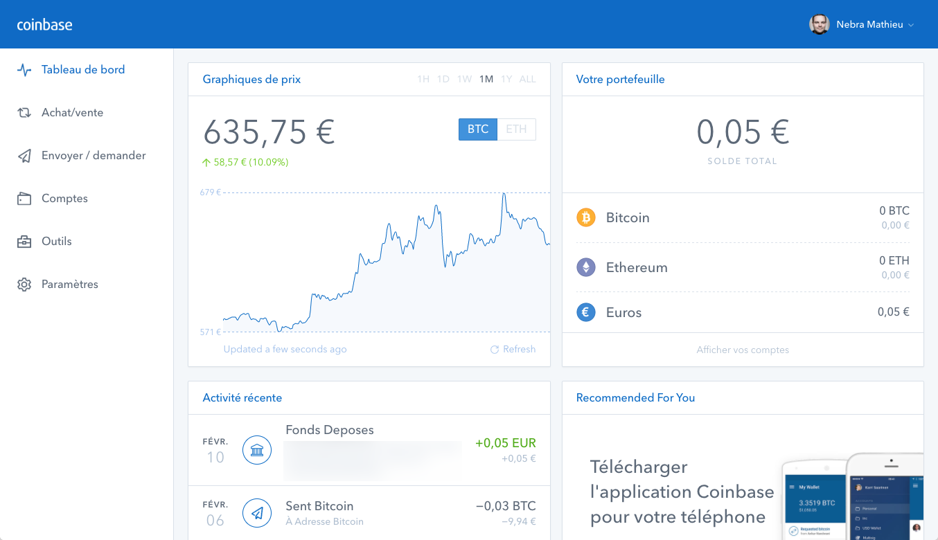 Le tableau de bord de Coinbase