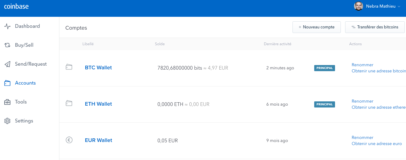 Vos comptes sur Coinbase