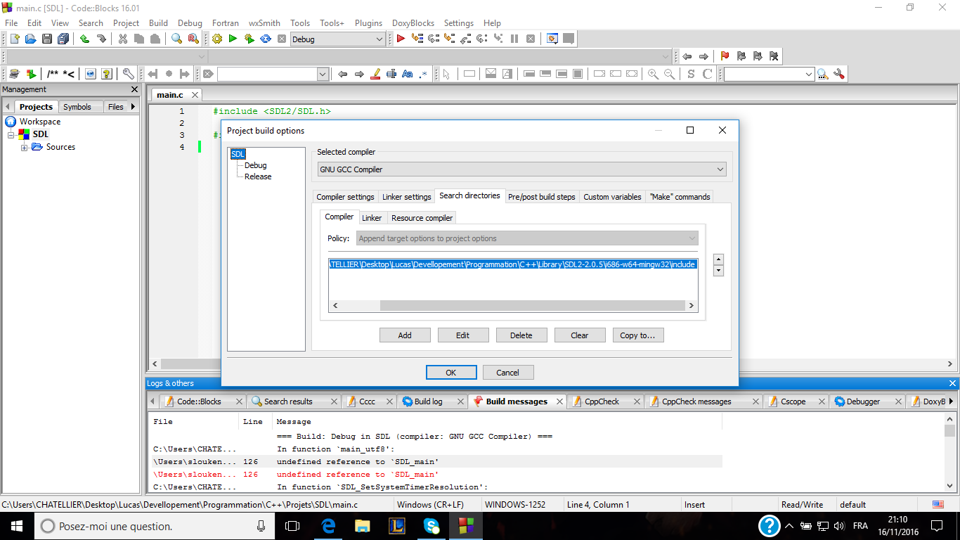 [Résolu] Installation SDL 2.0.5 avec Code::Blocks - Problème d ...
